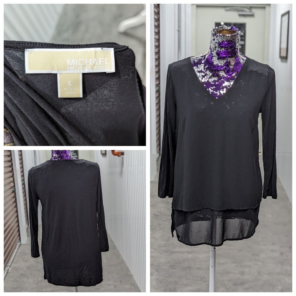 Michael Kors Minimalist Small Black‎ Blouse with Sheer Beaded Embellishments